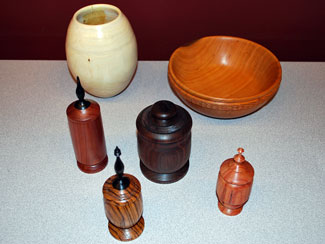 Bowl, Hollow Form & 4 Lidded Boxes by Tom Berg --- Holly, Zebra, Tulipwood, African Blackwood, Cedar Berg Creations