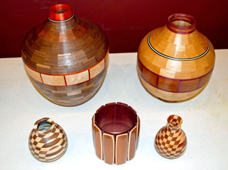 Segmented Hollowforms & Pencil Holder by Wells Doty - Walnut, Alder, Walnut, Maple, Mahogany & Purple Heart Segmented Hollowforms & Pencil Holder by Wells Doty