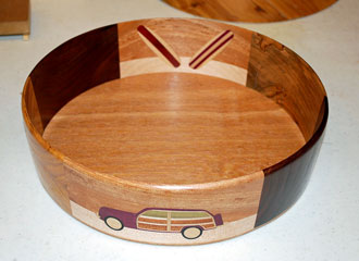 Woody Wagon Bowl by Larry Buettner - Oak, Cherry, Maple, Mahogany, Walnut & Purple Heart Woody Wagon Bowl by Larry Buettner